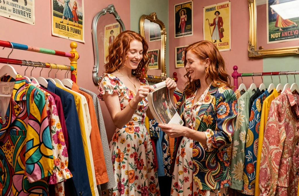Boutique Falbala avec ses tenues vintage colorées et exubérantes exposées sur des portants décorés dans un décor rétro festif