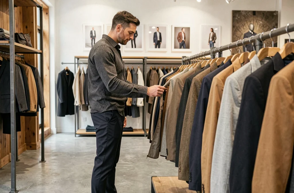 Intérieur moderne de la boutique Father and Sons à Lille avec un homme parcourant des vestes sur portants métalliques industriels