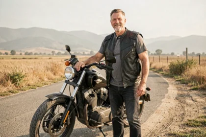 Motard portant un gilet biker cuir perforé avec protections CE homologuées, debout près d'une moto cruiser sur une route rurale en été