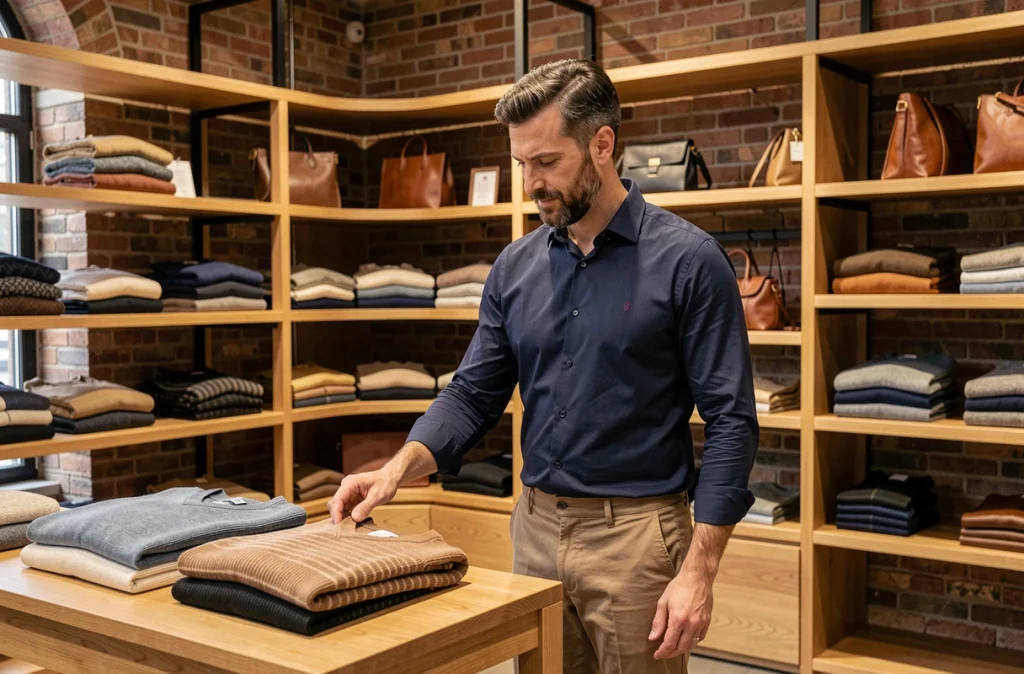 Intérieur de la boutique Harris Wilson à Lille avec un homme en chemise slim navy examinant un pull en laine sur une table en bois