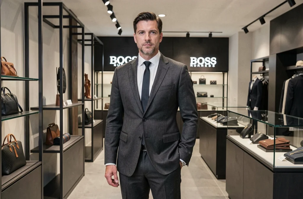 Homme en costume premium Hugo Boss dans une boutique élégante à Nantes