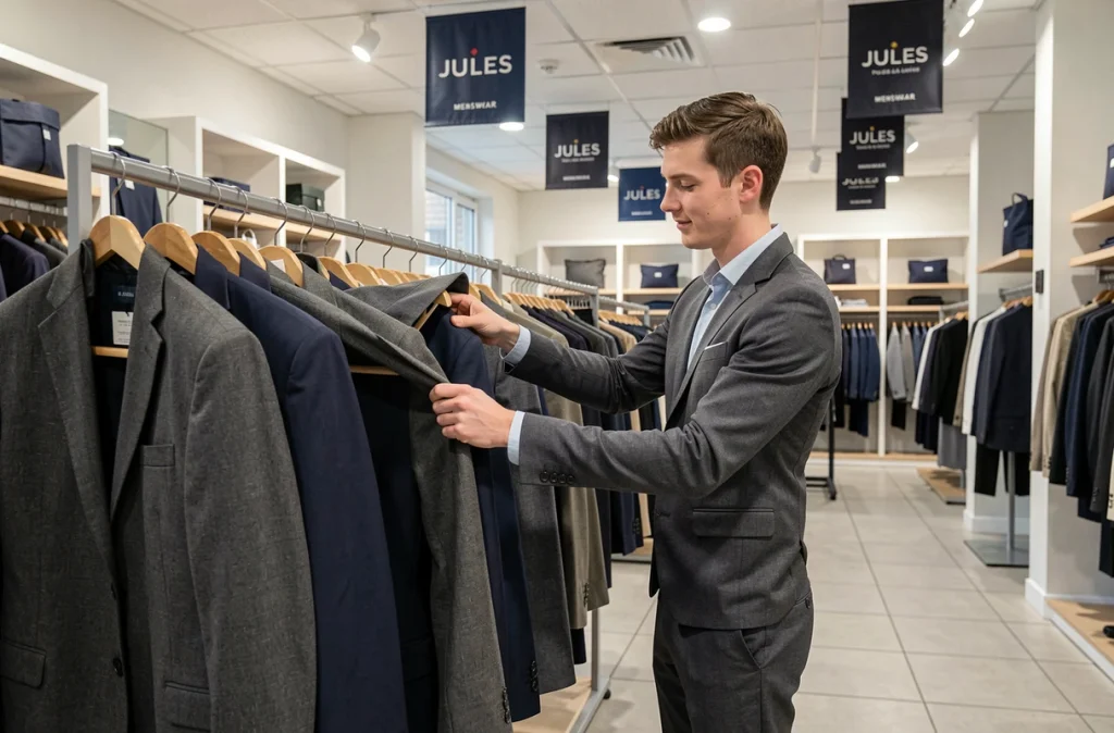 Jeune homme choisissant un costume entrée de gamme dans un magasin Jules des Pays de la Loire