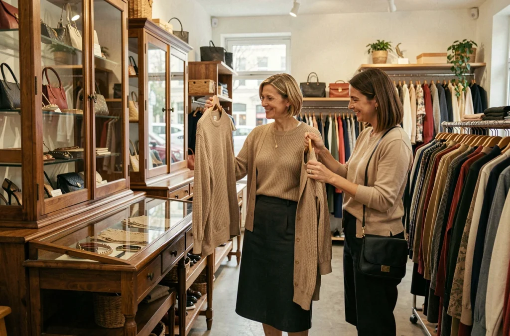 Femme et vendeuse dans la boutique Le Grand Comptoir à Suresnes, examinant un chemisier soigneusement confectionné