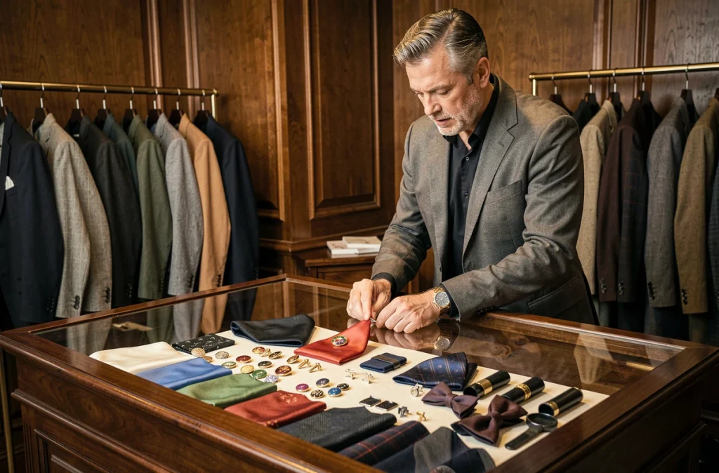 Sélection d'accessoires et costumes masculins dans la boutique L'Épinglette