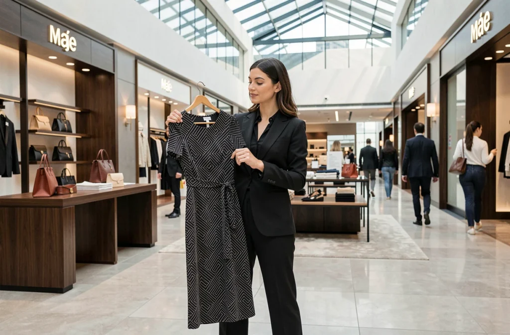 Femme tenant une robe Maje à imprimé géométrique dans la boutique Maje du centre commercial de La Défense