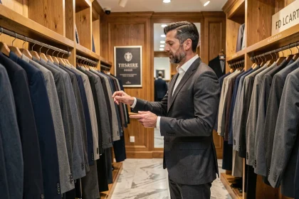 Homme élégant parcourant des costumes dans une boutique de mode masculine haut de gamme dans les Pays de la Loire