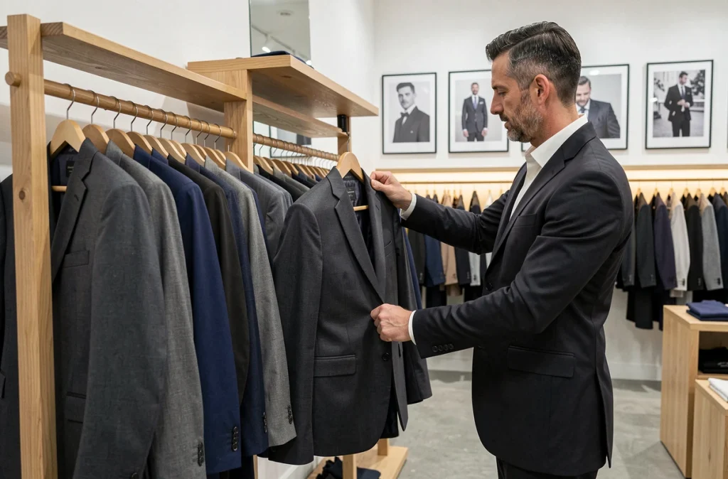 Client examinant un costume en prêt-à-porter masculin dans la boutique Repères à Nantes