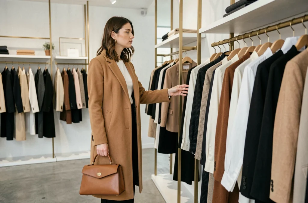 Femme élégante dans la boutique Sandro de Neuilly-sur-Seine parcourant des vêtements contemporains sur un portant