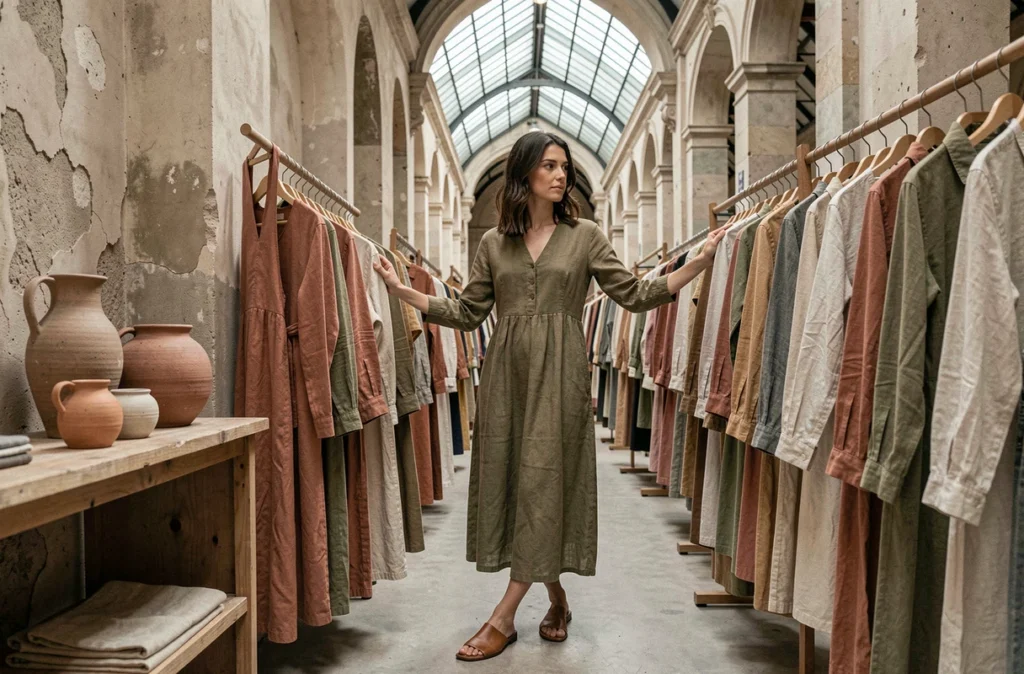 Femme parcourant des vêtements en lin artisanal dans la boutique Sessùn des Passages de Boulogne-Billancourt