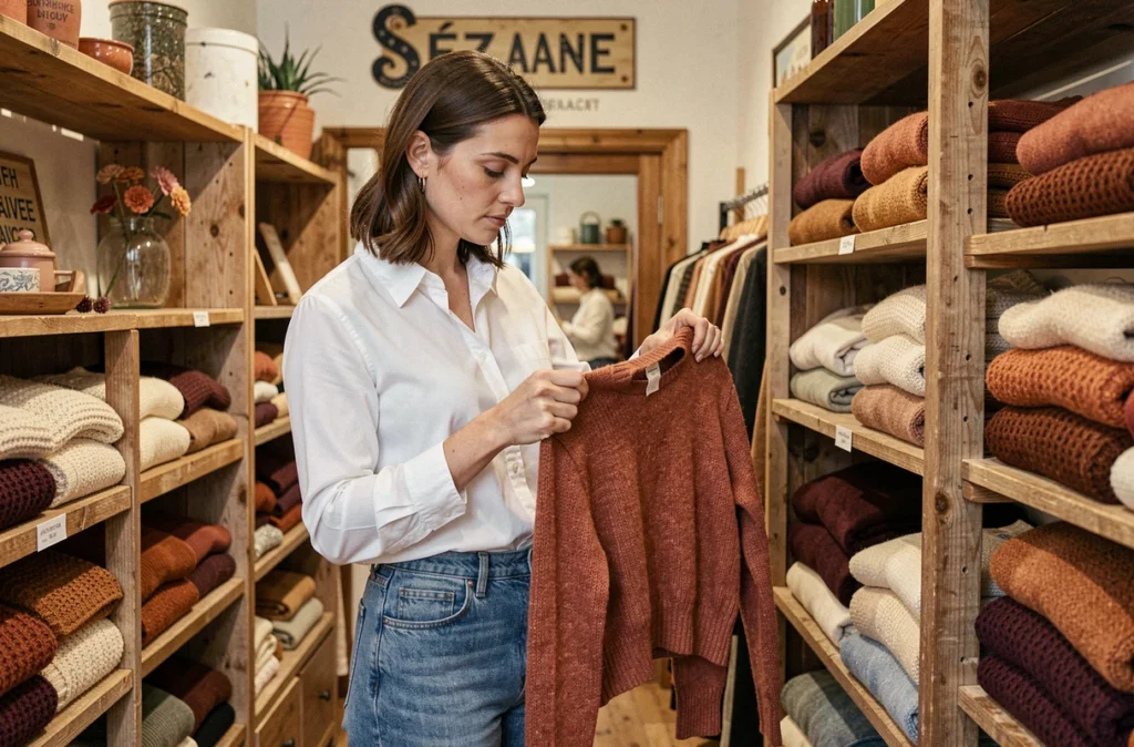 Femme pliant un pull en cachemire dans la boutique Sézane de Boulogne-Billancourt entourée d'étagères en bois vintage