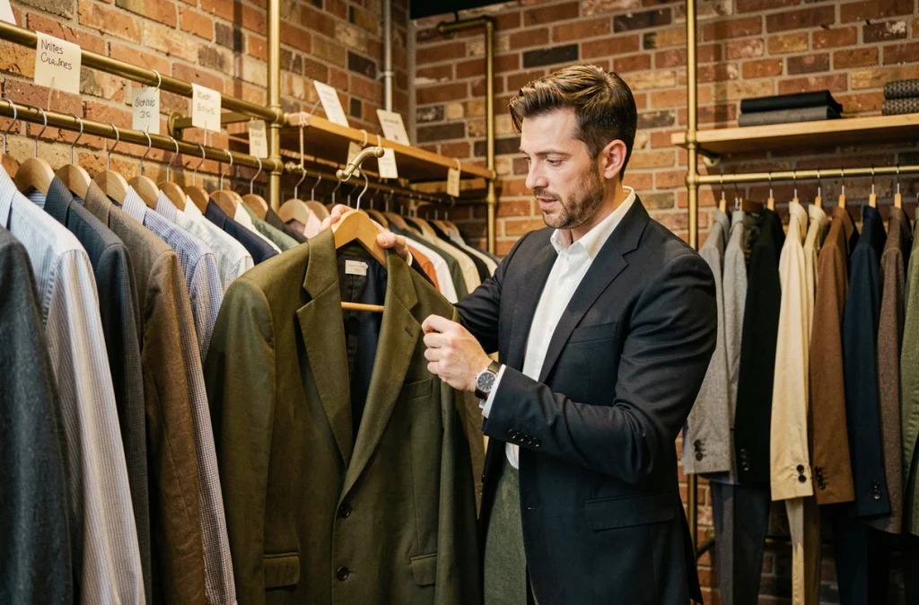 Client découvrant des vêtements masculins dans la boutique indépendante Transfert à Nantes