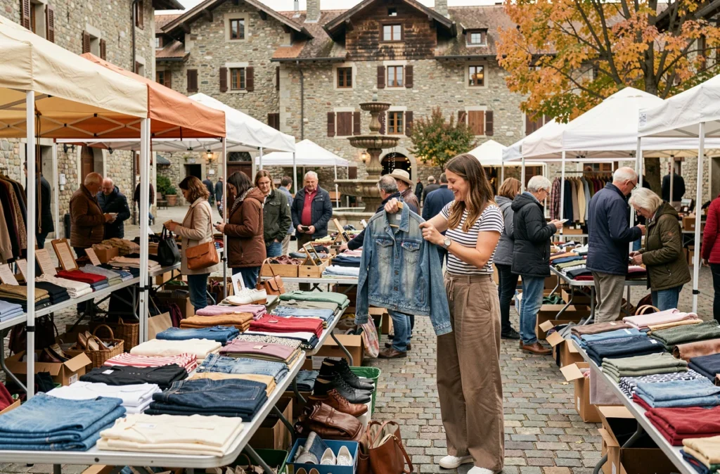 Vide-dressing éphémère en plein air sur une place savoyarde avec des tables de vêtements vintage et une foule de chineurs animée