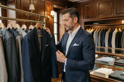 Homme en costume sur mesure dans une boutique de vêtements masculins traditionnelle en Bretagne