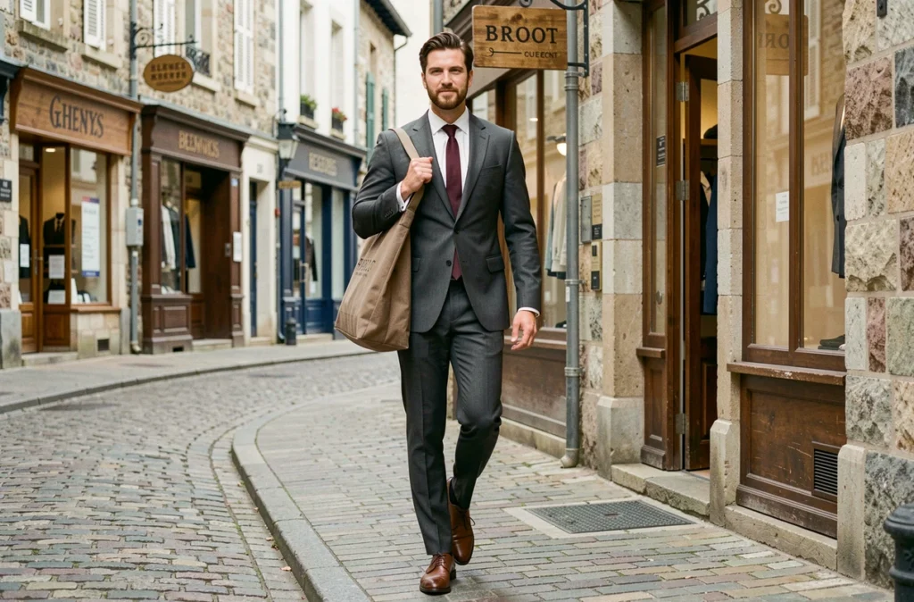Homme élégant en costume gris sortant d'un magasin de costumes dans une rue bretonne pavée